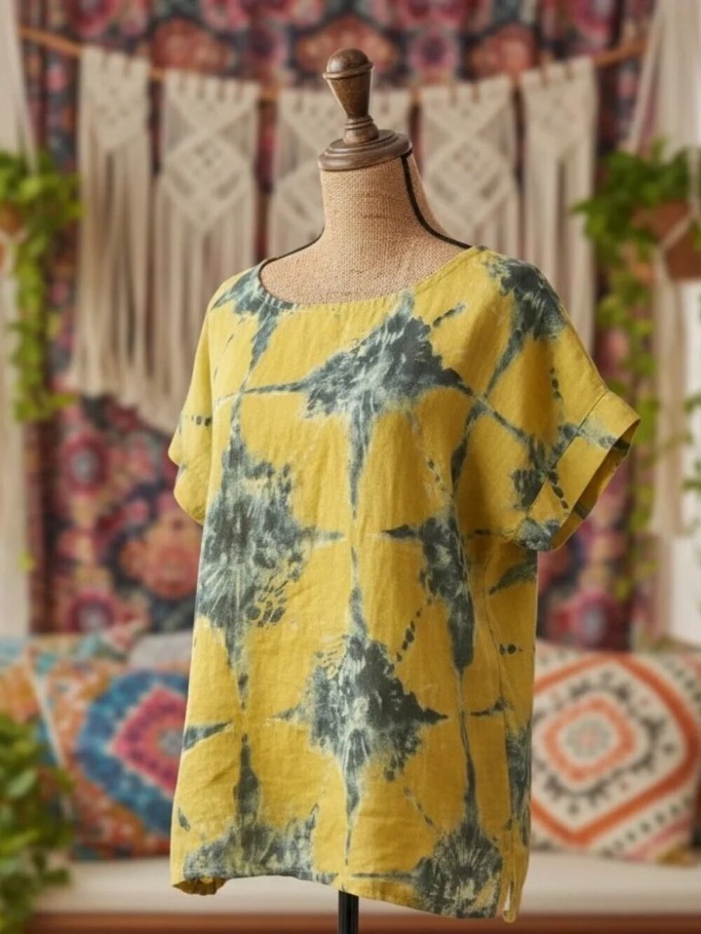 BELLAMBIA - 100% Linen Yellow Abstract Floral Short Sleeve Top Size S - Picture 8 of 8